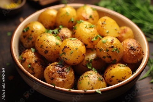 roasted young potatoes. Young roasted baby potatoes in a black baking dish on a wooden table