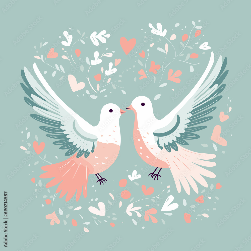 Two doves in flight with a floral background to symbolise peace and happiness Two doves in flight with a floral background to symbolise peace and happiness