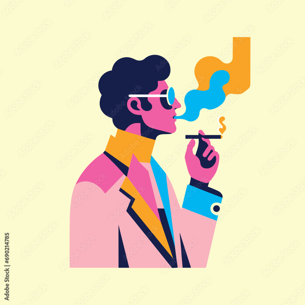 Minimalist pop art portrait of a man smoking a cigarette, isolated on white, flat design Minimalist pop art portrait of a man smoking a cigarette, isolated on white, flat design