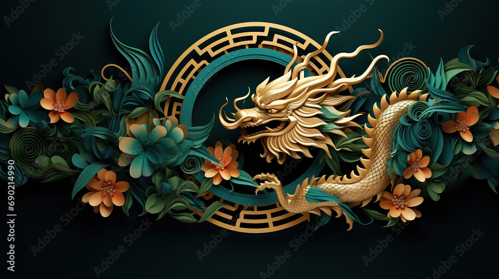 Traditional green with gold chinese dragon. New Year of the Dragon 2024