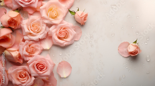 Background with peach-colored rose petals, flowers and water drops on a concrete background. Love, Valentine's Day, International Women's Day