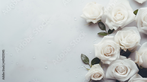 Background with white rose petals, flowers and water drops on a concrete background. Love, Valentine's Day, International Women's Day