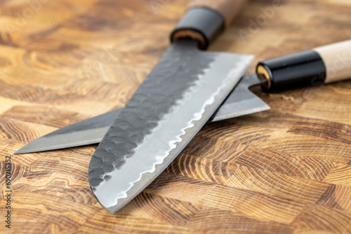 Japanese premium knives released.Damascus steel pattern.Background with a pattern of Damascus steel. photo