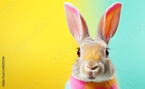 Creative animal concept  macro shot of cute bunny head over pastel background. 