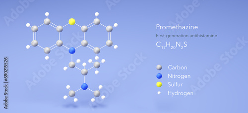 promethazine molecule, molecular structures, antipsychotic, 3d model, Structural Chemical Formula and Atoms with Color Coding