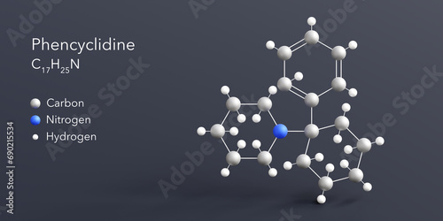 phencyclidine molecule 3d rendering, flat molecular structure with chemical formula and atoms color coding photo