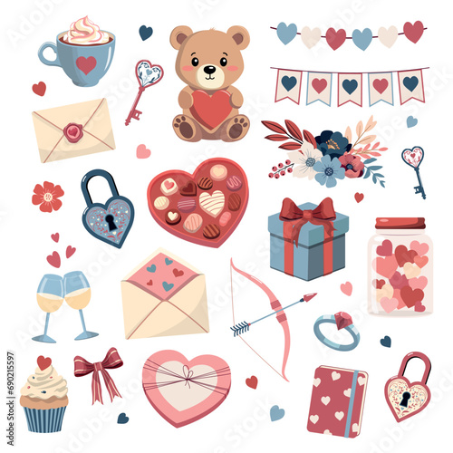 Cute Valentines day collection of stickers. Cartoon romantic holiday decoration. Vector set. Graphic for holiday decor. Isolated on white background.