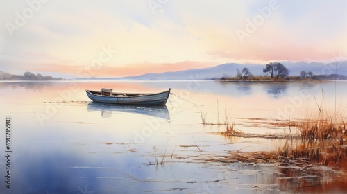 A stunning watercolor landscape with a serene boat floating on the calm waters, capturing the essence of tranquility and nature's beauty - AI Generative