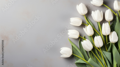 bouquet of white tulips on a pale pink background with space for text. International Women's Day, Mother's Day