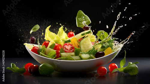 Fresh vegetable salad with oil on black background. Healthy lifestyle concept