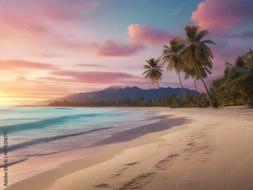 tropical twilight paradise 8k resolution beach scene featuring softly lit palm trees, a vibrant sky, and reflective sands, creating a captivating and realistic stock image with a 16:9 aspect ratio