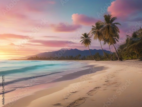 tropical twilight paradise 8k resolution beach scene featuring softly lit palm trees, a vibrant sky, and reflective sands, creating a captivating and realistic stock image with a 16:9 aspect ratio