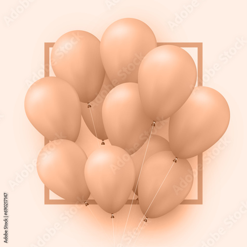 Square frame with peach fuzz color helium balloons. Abstract background for flier, poster.