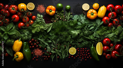 Frame of organic food. Fresh raw vegetables . On a black chalkboard. © alexkich