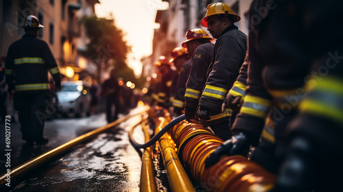 firefighter with a tangle of fire hoses on the street © alexkich