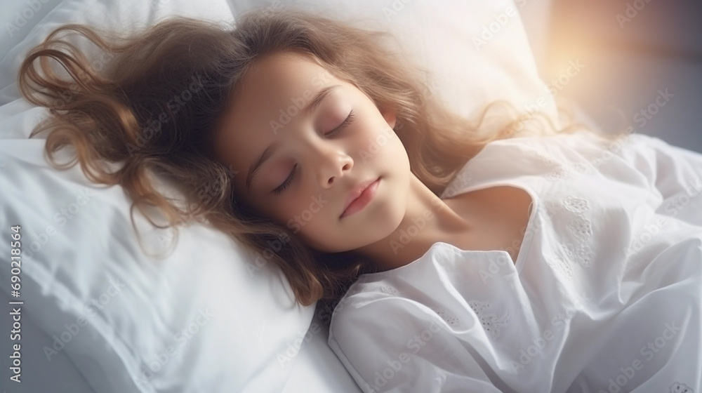 Portrait of Little girl sleeping on bed, comfortable cozy white bed sheets, morning sun light coming from window Portrait of Little girl sleeping on bed, comfortable cozy white bed sheets, morning sun light coming from window