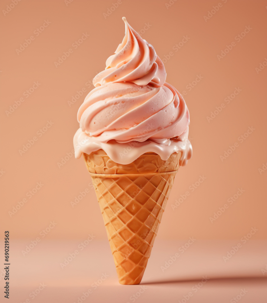 Peach-flavored ice cream on a cone, isolated on a peach pastel color background. Peach-flavored ice cream on a cone, isolated on a peach pastel color background.