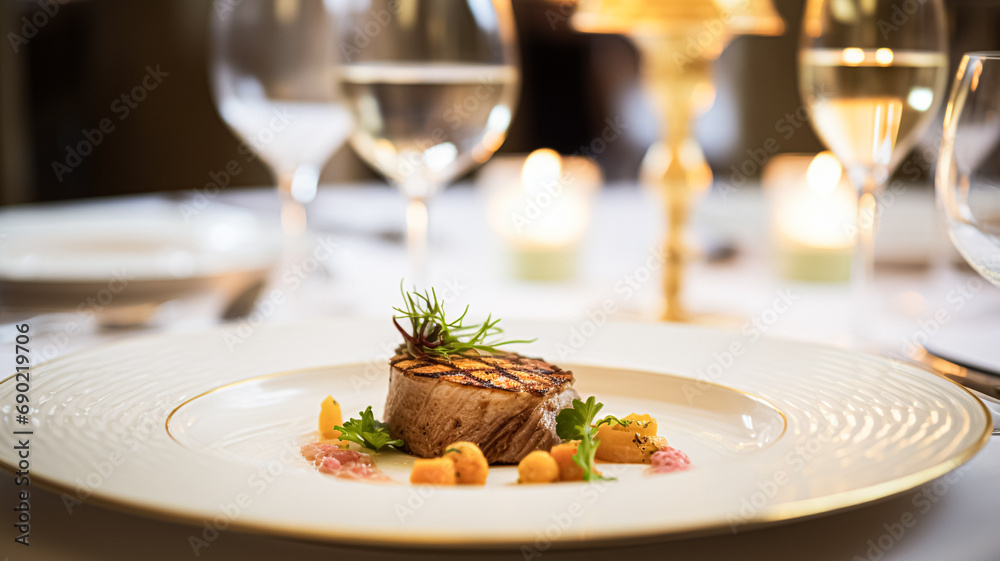 Exquisite main course meal at a luxury restaurant, wedding food catering and English cuisine - obrazy, fototapety, plakaty 