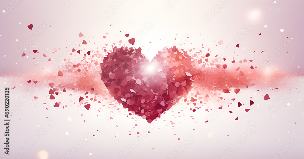 Glitter heart dissolving into pieces on bright background. Valentines day, broken heart and love emergence concept
