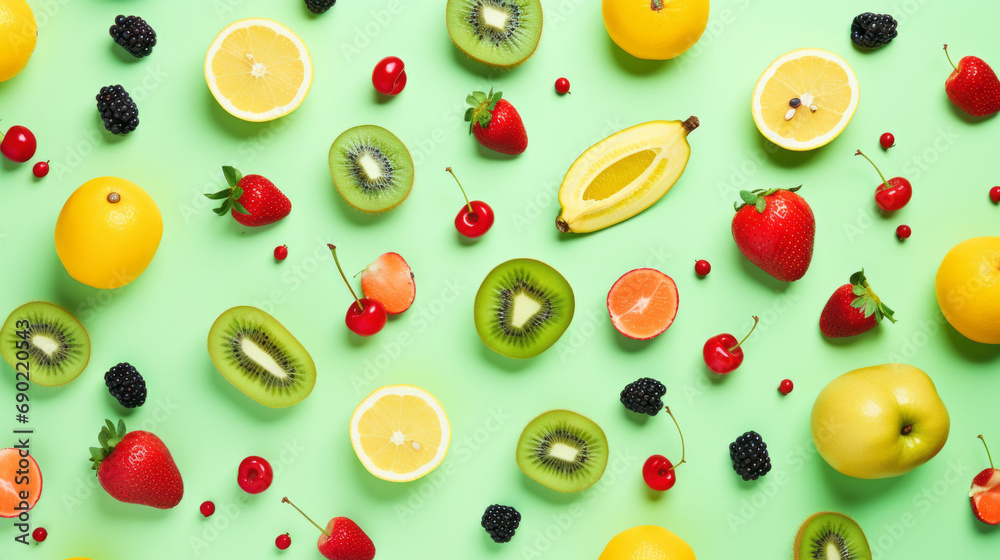 Fresh fruits. Pattern of fruits and berries on a green background. Flat design.
Fresh fruits. Pattern of fruits and berries on a green background. Flat design.
