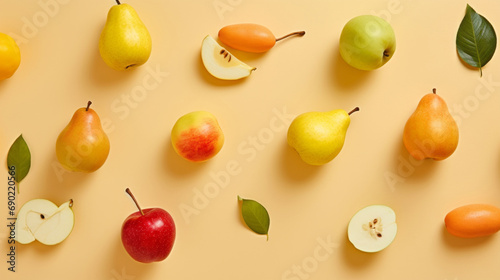 Fresh fruits. Pattern of fruits and berries on a yellow background. Flat design. 
