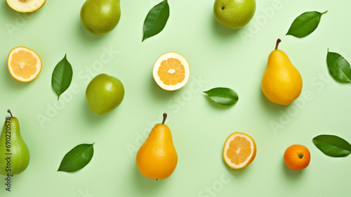 Fresh fruits. Pattern of fruits and berries on a green background. Flat design. 
