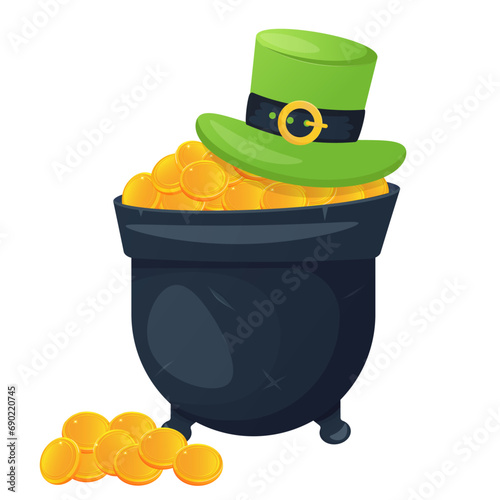 Saint's Patrick day design element. Cauldron , golden coins, leprechaun hat.