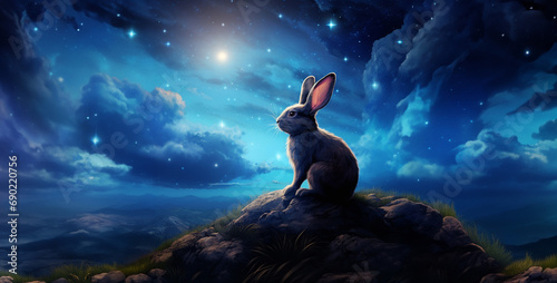 a bunny with bright blue eyes sitting on a hill