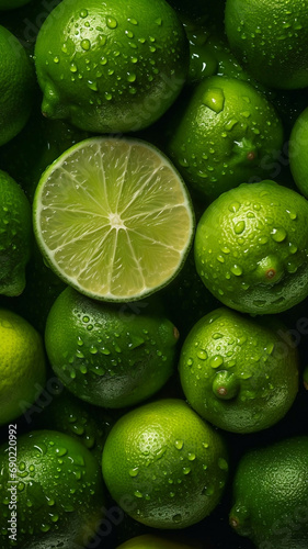 Limes that are fresh with a background of water droplets. Fruit wallpaper.