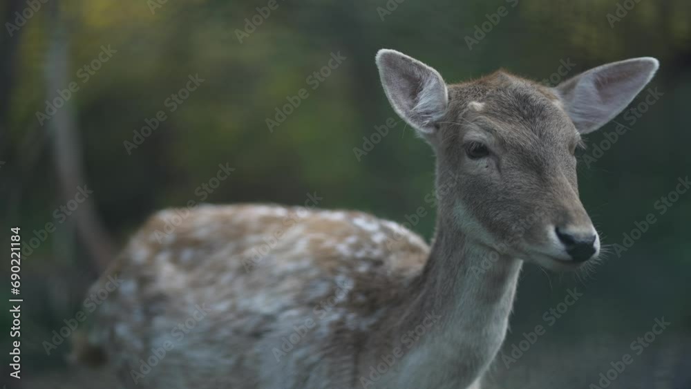 White tailed deer doe fawns (odocoileus virginianus) standing and looking at camera, slow motion White tailed deer doe fawns (odocoileus virginianus) standing and looking at camera, slow motion