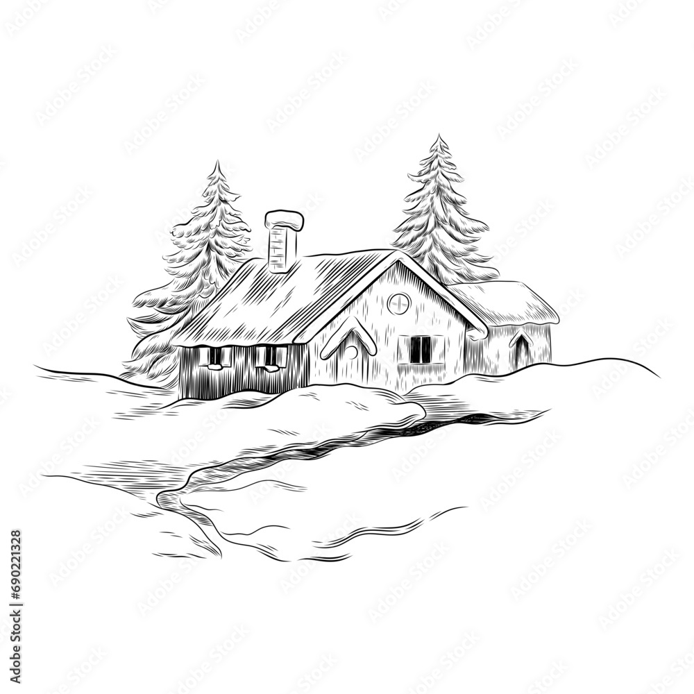 Naklejka premium Winter Landscape With House And Trees