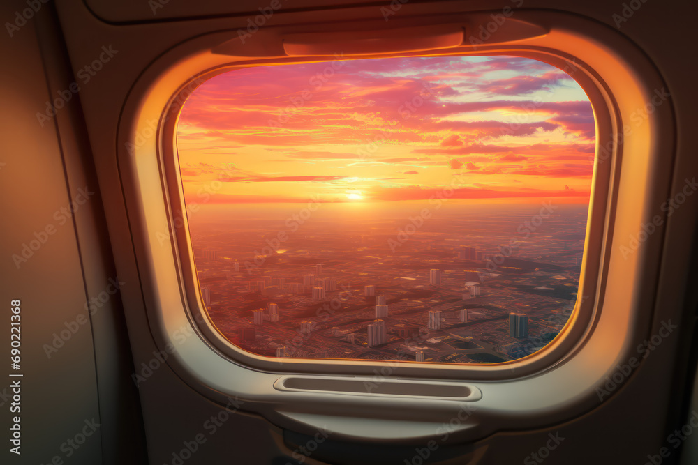 Beautiful scenic city view of sunset through the air 