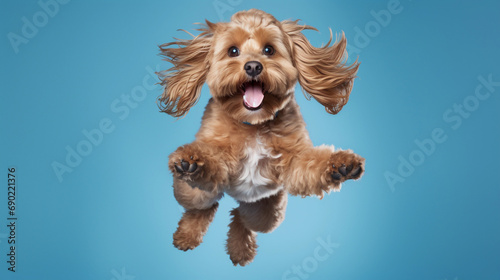 Happy Cavoodle Cavapoo Young Dog Runs and jumps isolated on blue cyan background
