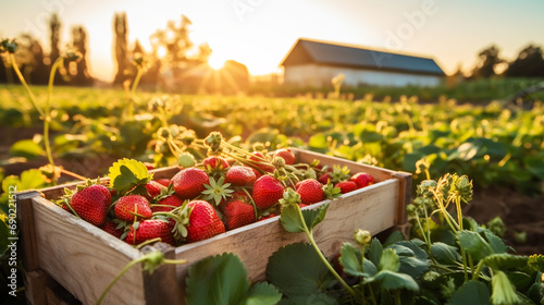 ripe strawberries in wooden box lying in the grass photo