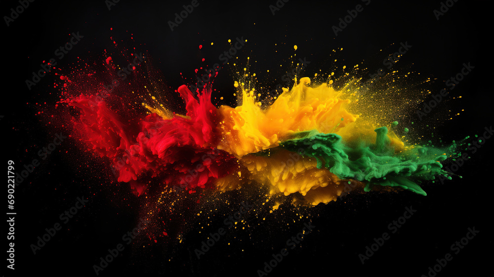 Abstract colored poweder exposure. Black History Month color background with copy space - obrazy, fototapety, plakaty 