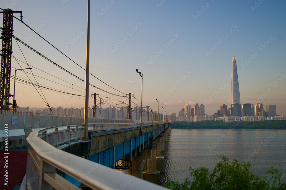 Dawn Over Jamsil Railroad Bridge with Lotte World Tower