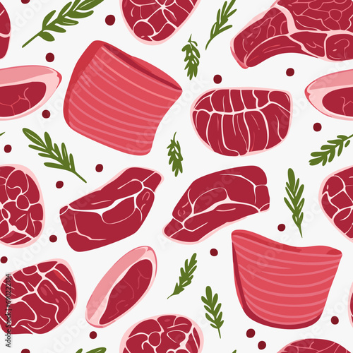 Seamless pattern with various raw meat pieces for steaks, vector illustration.