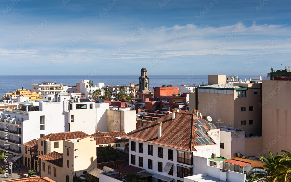 Fototapeta premium Tenerife, Spain, October 25, 2023 view on the city with Church of Nuestra Senora de la Pena de Francia, Puerto de la Cruz