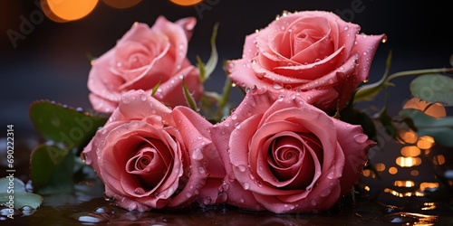 Bouquet of fresh red roses with water droplets shines near flickering candles.