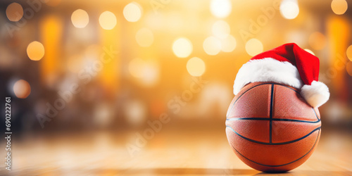 Holiday spirit hits the court with a basketball capped by Santa's hat. photo