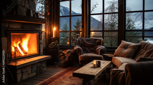 Foto Modern wooden cottage alpine house interior latest autumn
