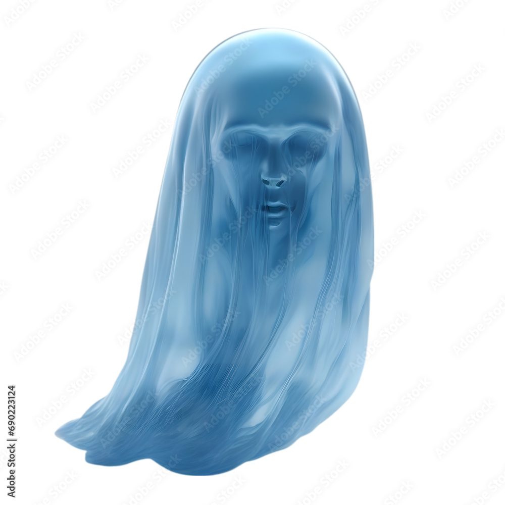 A close-up image of a ghost. A translucent scary ghost floats in the air. A close-up image of a ghost. A translucent scary ghost floats in the air.