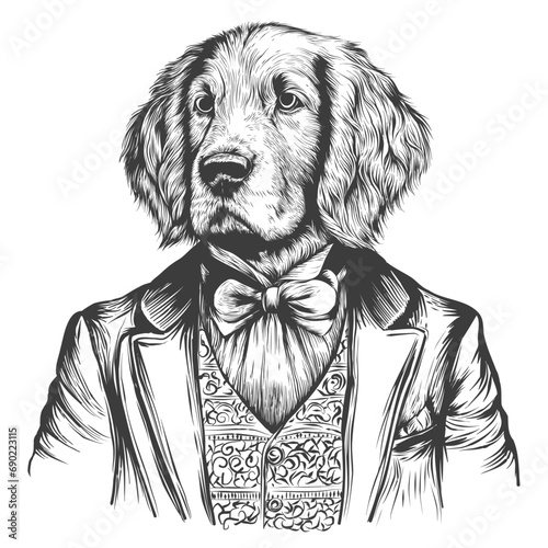 Dog Wearing a Suit. gentleman spaniel dog wearing clothes sketch style. Victorian Era, Hand drawn dog, vector illustration in vintage engraving pen and ink style.