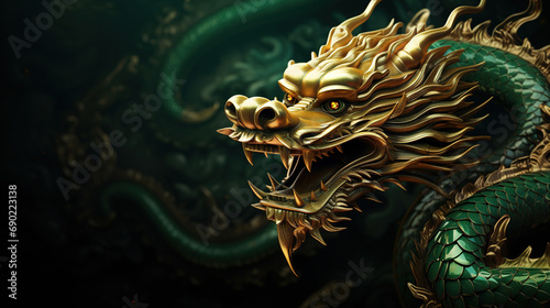 Traditional green with gold chinese dragon with copy space. New Year of the Dragon 2024 © Philippova