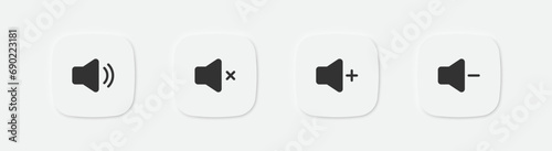 Audio icon. Sound volume plus, minus symbol. Button voice and mute signs. Loudspeaker symbols. Vector isolated sign.