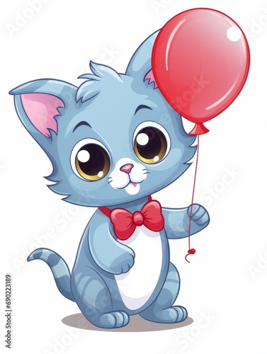 Cartoon sticker cute kitten with red balloon  AI