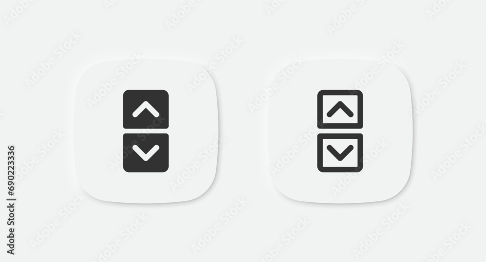 Down and up buttons icon. Two arrow symbols. Elevator signs. Opposite symbol. Downward button in square icons. Vector isolated sign. Down and up buttons icon. Two arrow symbols. Elevator signs. Opposite symbol. Downward button in square icons. Vector isolated sign.