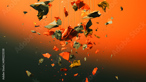 A clean orange background with colorful debris hanging 