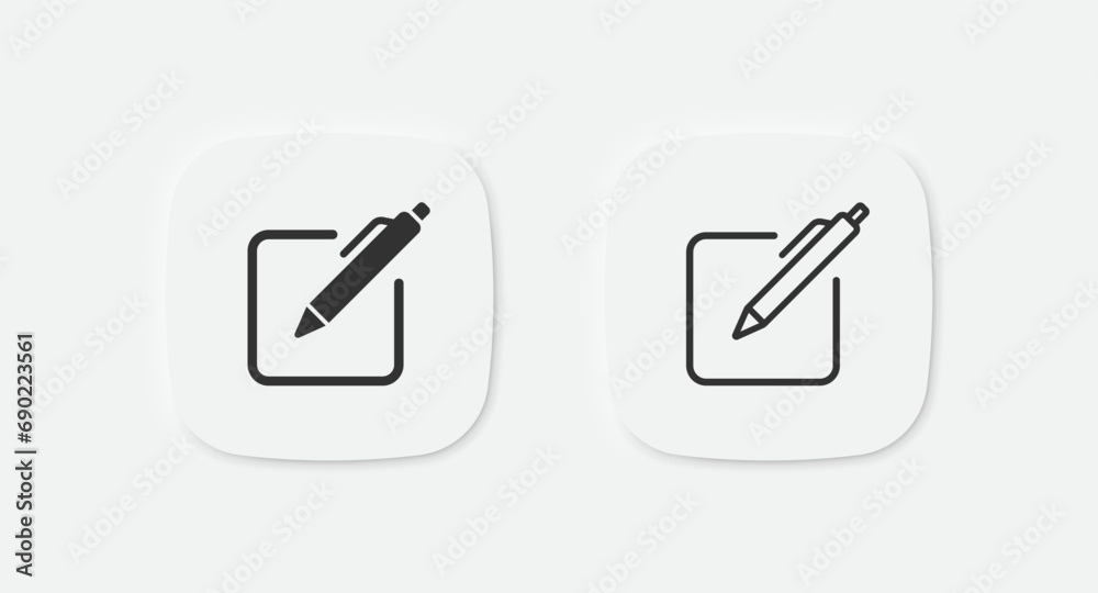 Pen edit icon. Pencil in square symbol. Paper registration signs. List symbols. Button pen icons. Vector isolated sign. Pen edit icon. Pencil in square symbol. Paper registration signs. List symbols. Button pen icons. Vector isolated sign.
