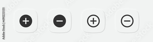 Plus, minus in the circle icon. Add, delete symbol. Addition signs. Medical and emergency symbols. Positive, negative button icons. Vector isolated sign.